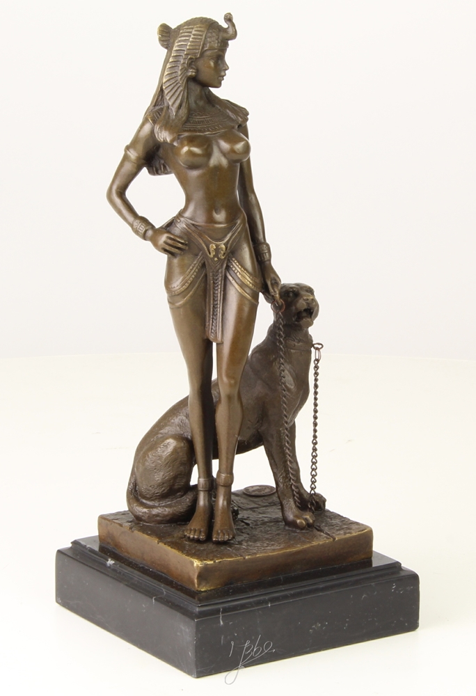 Bronzefigur Bronzeskulptur Bronze Figur Cleopatra Königin von Ägypten mit Panther H 25,5 cm