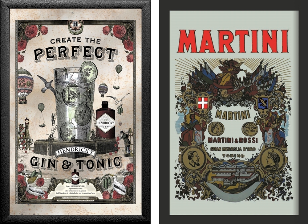 Set: 2 Spiegelbilder Gin Tonic Hendricks Martini & Rossi 30x20 cm Bar Deko Vintage Retro Wandbilder