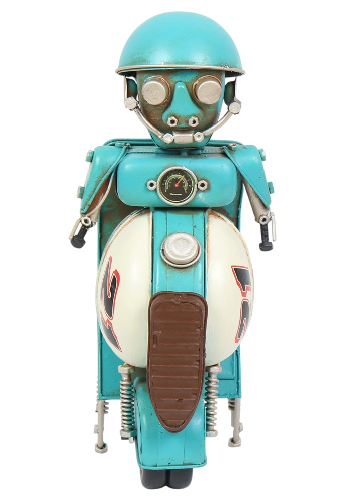Retro Roboter H 28,5 cm Blechmodell Dekofigur in Türkis Vintage Metallkunst im 50er-Jahre Stil