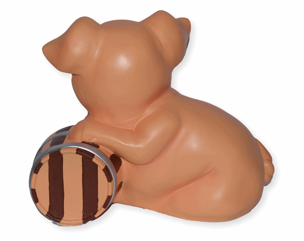 Dekofigur Schwein liegend als Spardose mit Fass H 40 cm aus Kunstharz Tierfigur Deko Ferkel