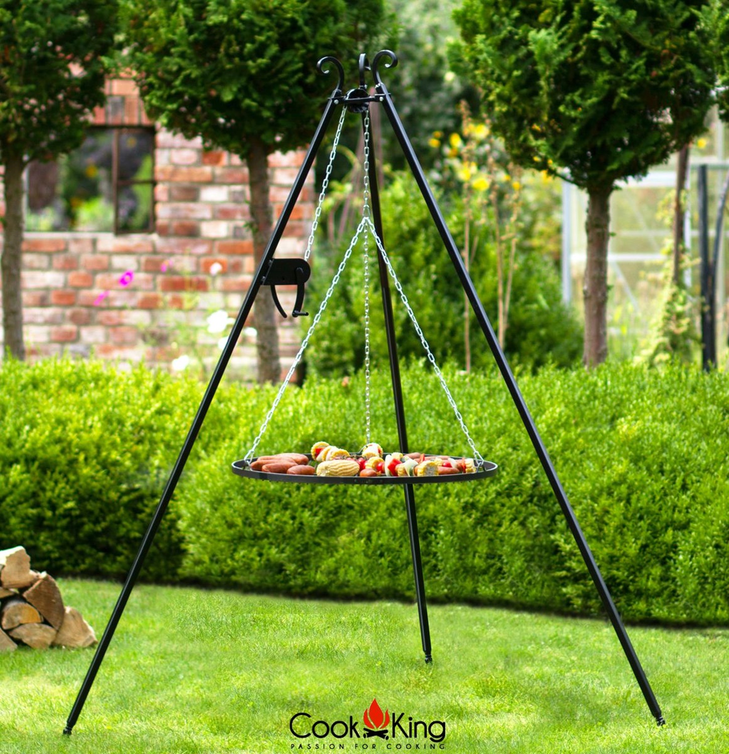 Set: Dreibein H 180 cm mit Grillrost Ø 50 cm Rohstahl und Kurbel + Feuerschale "Viking" Ø 60 cm