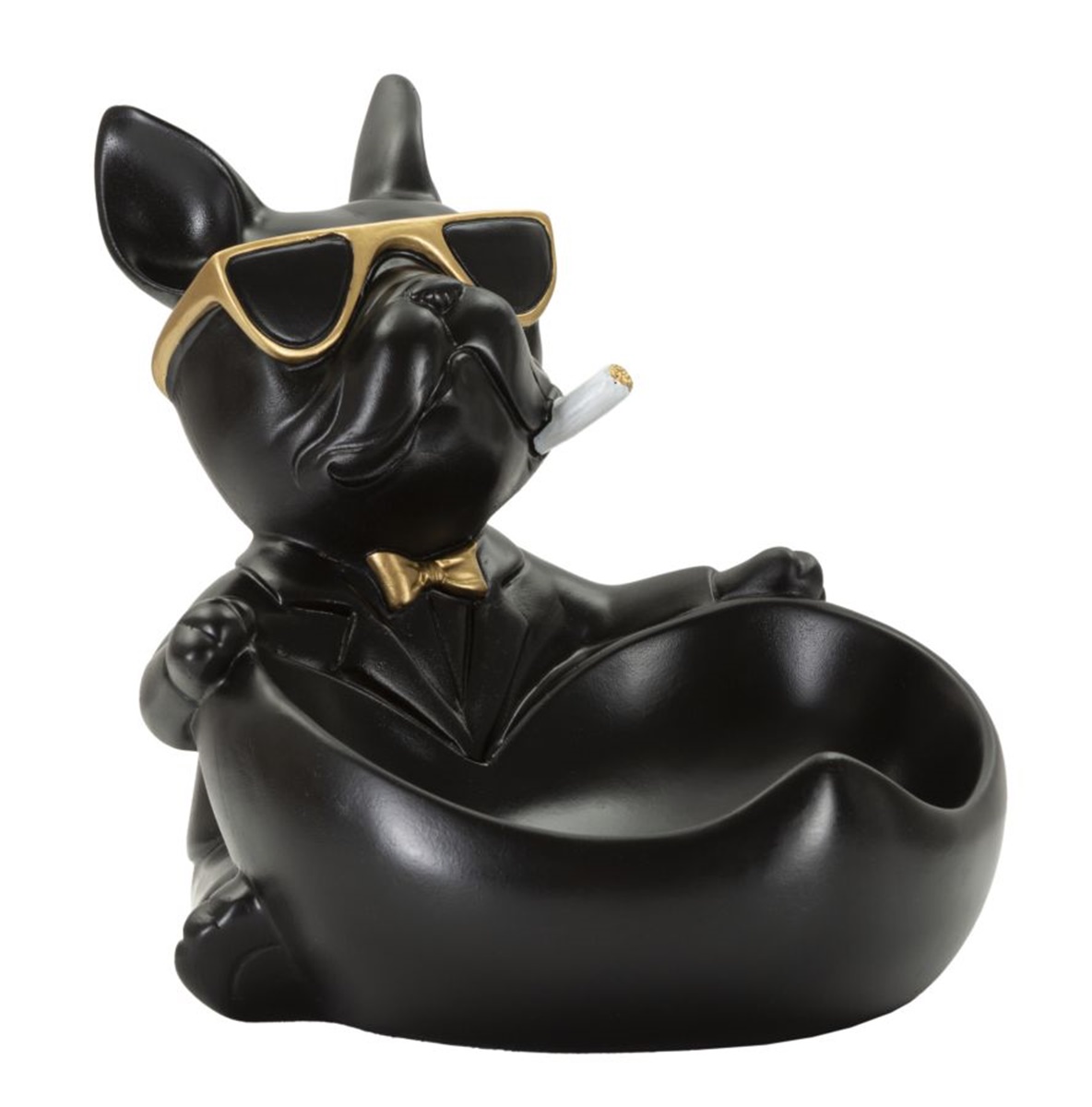 Dekofigur Hund Ball Cool schwarz klein sitzend mit Brille vor großem Napf als Behälter H 20 cm