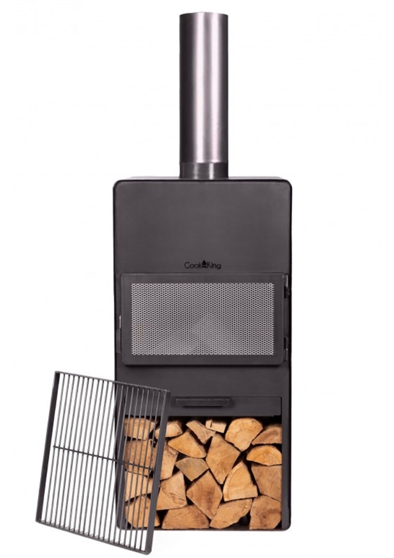 Gartenkamin "Vento" Gartenofen H 150 cm zum Grillen Heizen Terrassenofen mit Kaminregal Naturstahl