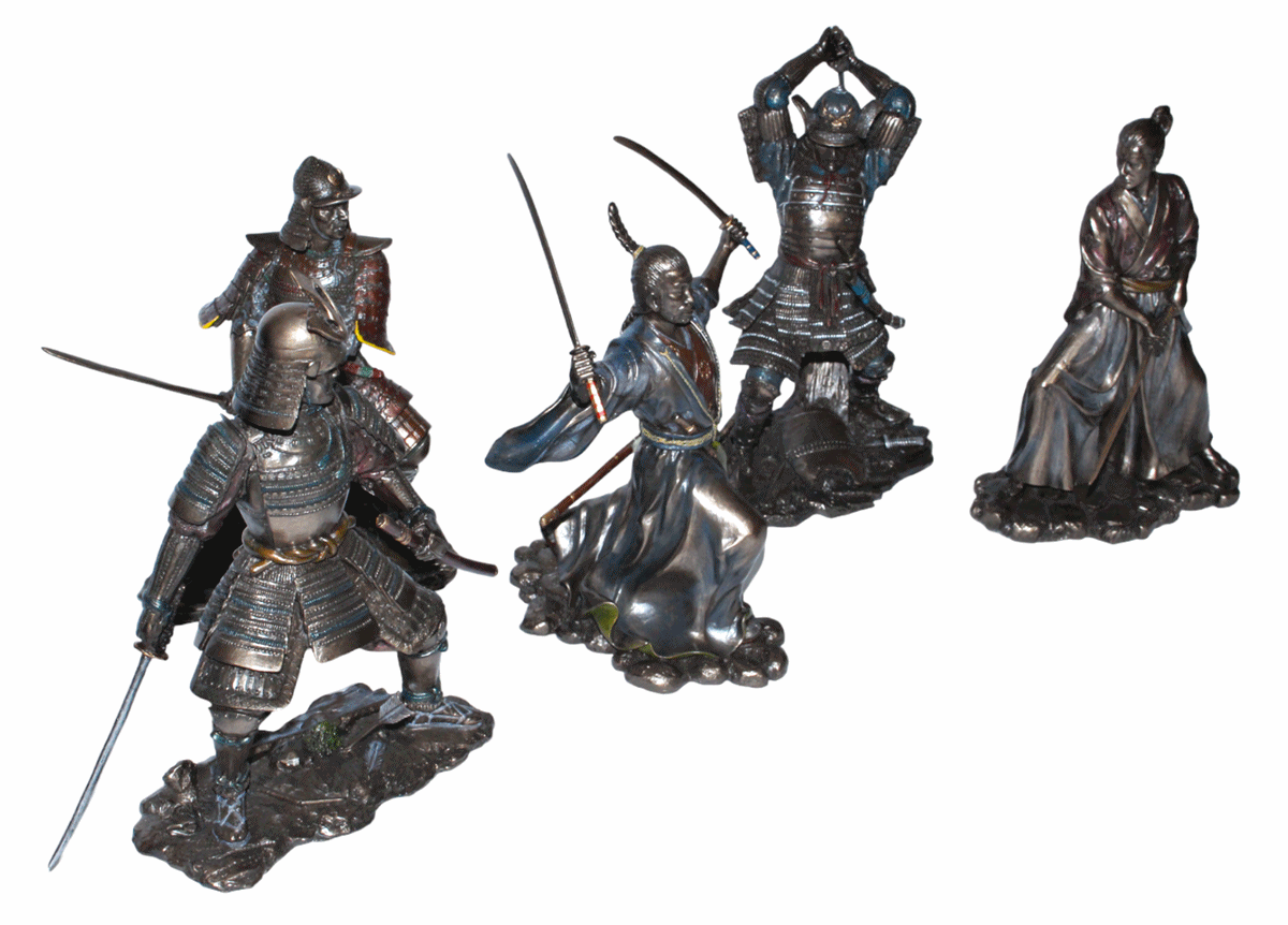 Set: Deko Figuren Samurai Art H 21-23 cm japanische Krieger in Rüstung und Kimono mit Schwertern