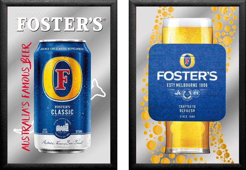 Set: 2 Spiegelbilder Fosters Bier Bar Deko Bilder 30x20 cm Hinterglasdruck mit schwarzem Rahmen