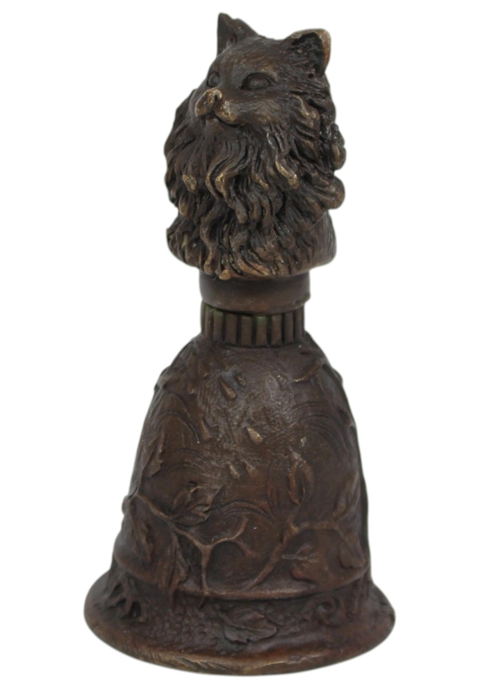 Bronzefigur Katze als Tischglocke H 9,8 cm Bronze Nostalgische Handglocke mit Katzenkopf Jugendstil