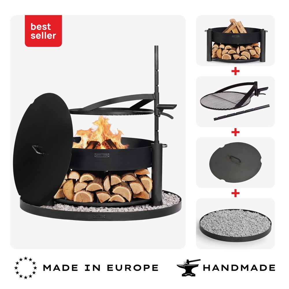 Feuerschale 80 cm SET MONTANA X mit Grillrost, Deckel & Steinbasis 100 cm – Feuerstelle Garten
