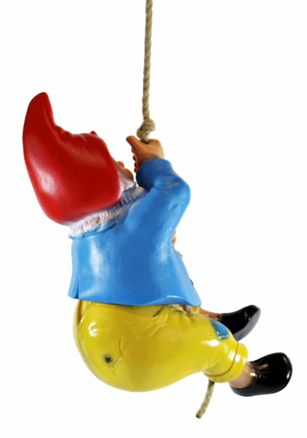 Gartenzwerg Deko Gartenfigur Zwerg am Seil hängend kletternd H 38 cm ohne Seil aus Kunststoff