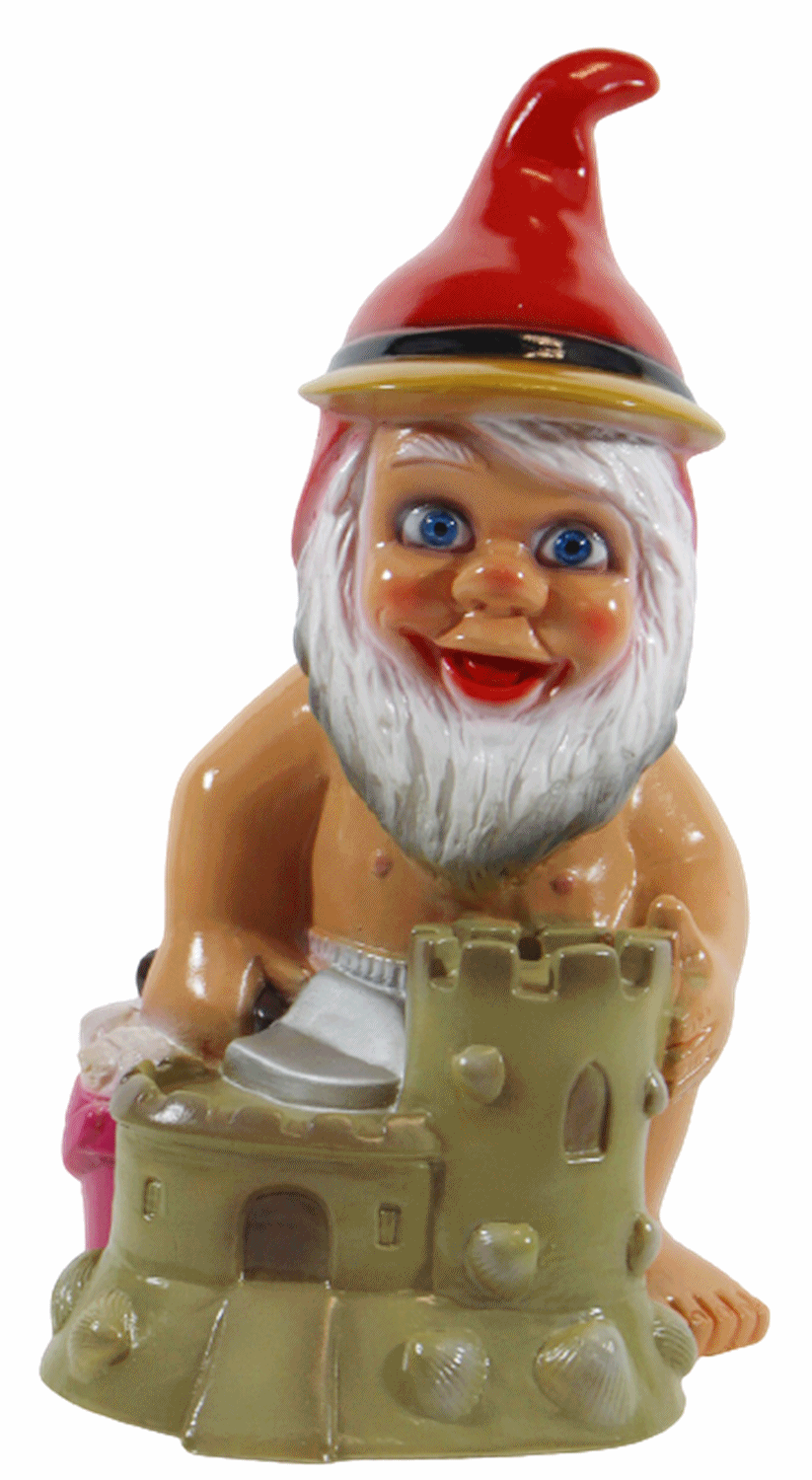 Gartenzwerg Deko Garten Figur Zwerg Kind kniend mit Sandburg und Schaufel aus Kunststoff H 31 cm