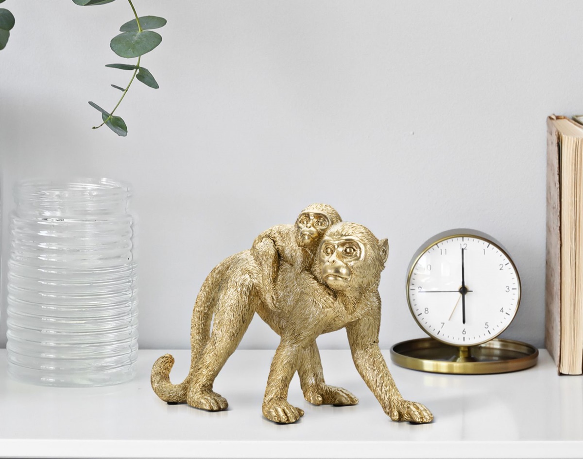 Dekofigur Mutter Affe laufend mit Baby auf Rücken Tierfigur in Gold Fell fein strukturiert H 18,5 cm