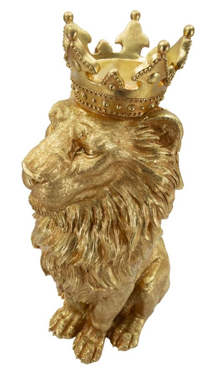 Dekofigur Löwe mit Krone sitzend Tierfigur  Skulptur stolzer Löwenkönig Shanti in edlem Gold H 74 cm