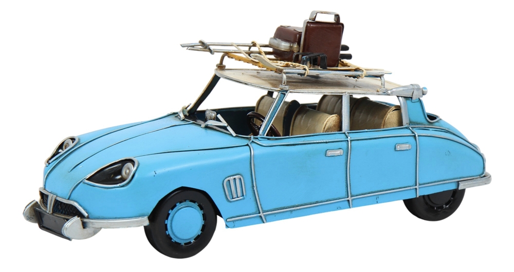Blechauto Nostalgie Modellauto Oldtimer Citroen DS 19 mit Dachgepäck Winter Urlaub aus Blech L 31 cm