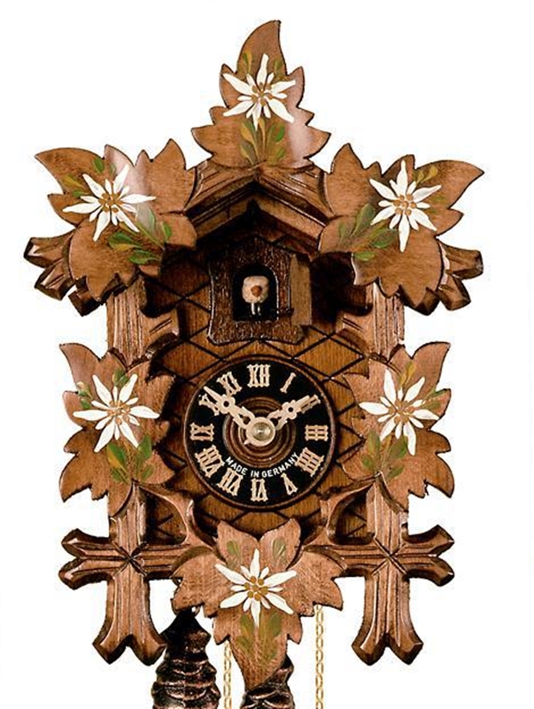 Traditionelle Kuckucksuhr mit weißen Blumen bemalt aus Holz, Höhe 24 cm, mechanisches Uhrwerk