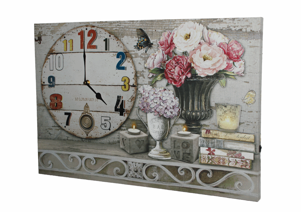 Nostalgie LED-Wandbild Blumen Bücherstapel Deko Bild mit integrierter Uhr 40x60 cm Leinwandbild