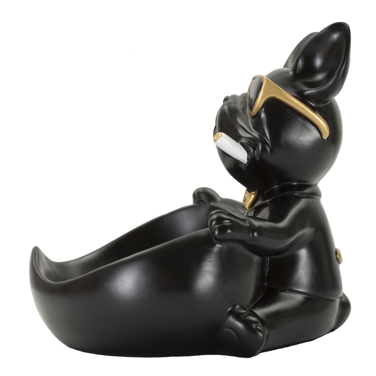 Dekofigur Hund Ball Cool schwarz klein sitzend mit Brille vor großem Napf als Behälter H 20 cm