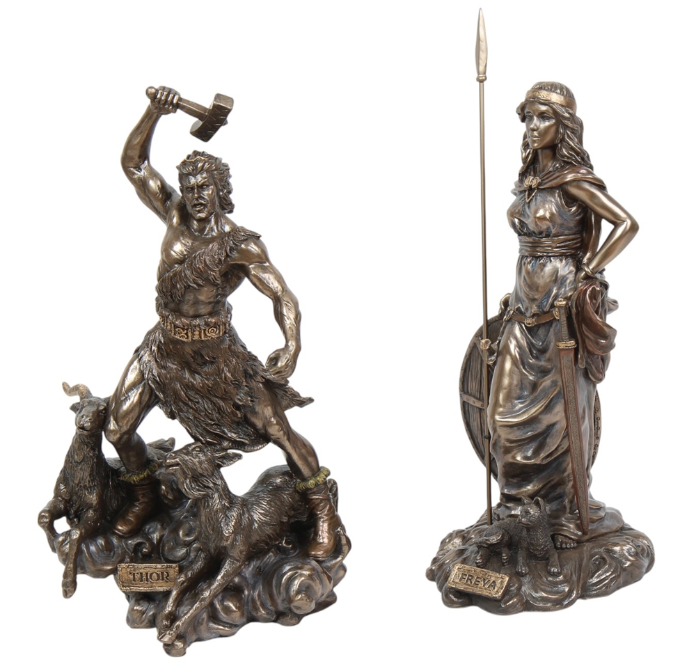Statuen Set 2 Figuren Freya H 33 cm & Thor H 30 cm Götter aus nordischer Mythologie Dekofiguren