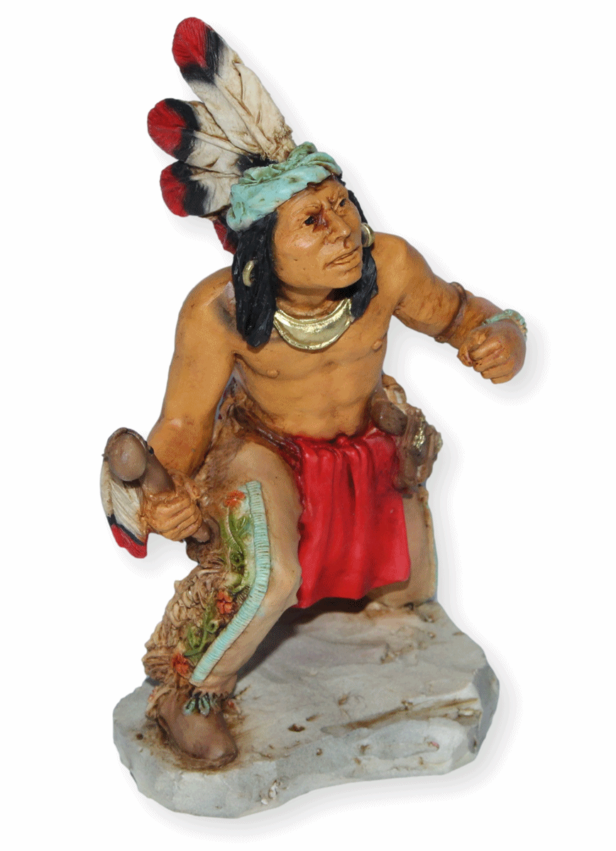 Indianerfigur Indianer Ottawa Anführer Chief Pontiac Skulptur H 14 cm geduckt mit Kopfschmuck