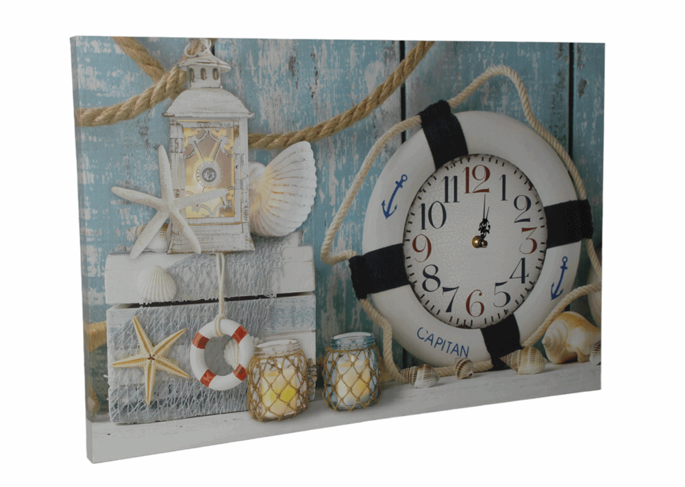 Nostalgie LED-Wandbild Maritim Deko Bild mit integrierter Uhr Rettungsring 40x60 cm Leinwandbild