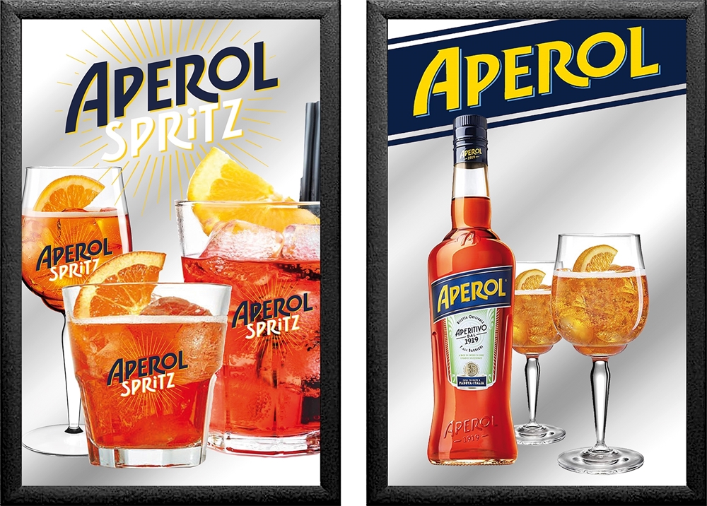 Set: 2 Spiegelbilder Aperol Spritz 30x20 cm Wandbilder Hinterglasdruck mit schwarzem Rahmen