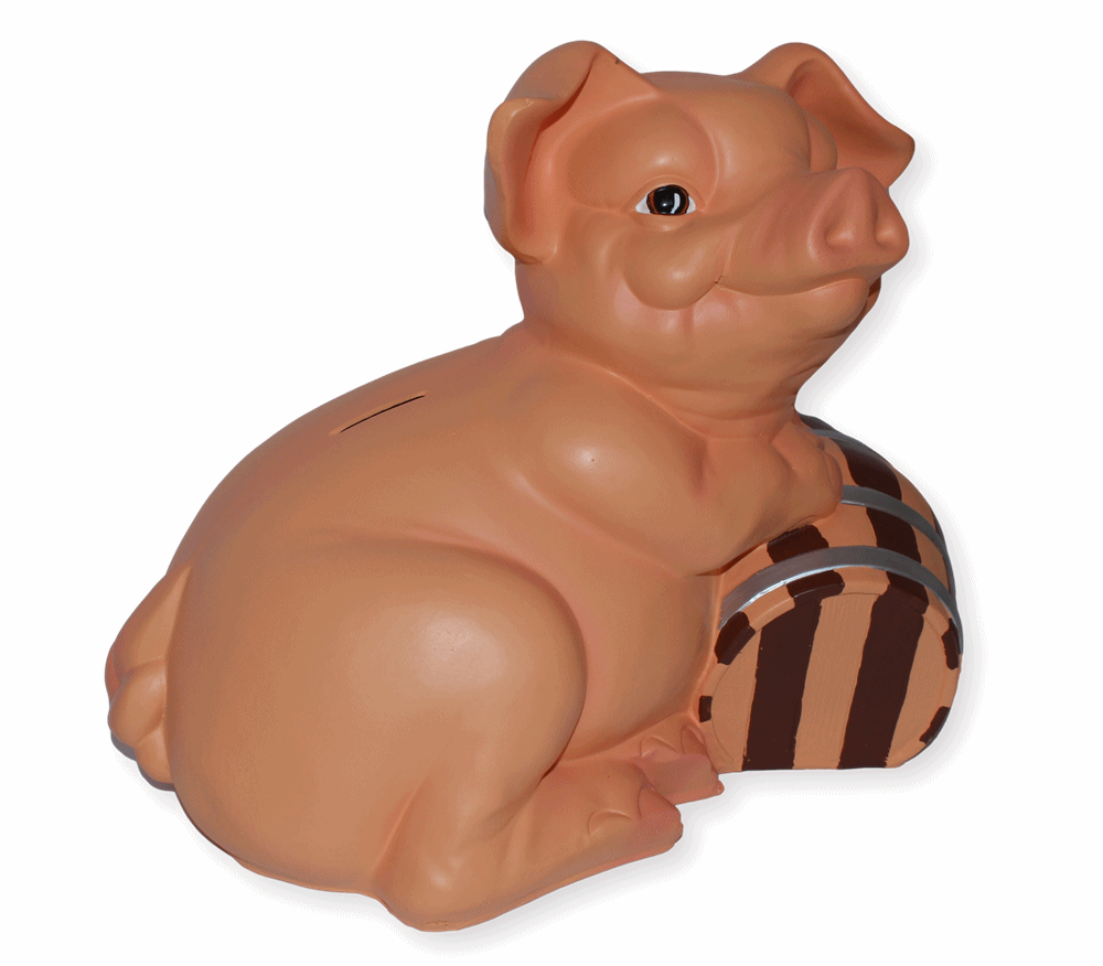 Dekofigur Schwein liegend als Spardose mit Fass H 40 cm aus Kunstharz Tierfigur Deko Ferkel