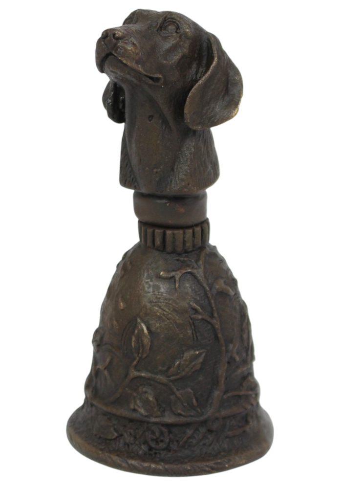 Bronzefigur Hund als Tischglocke H 10 cm Kunstvolle Bronze Handglocke mit Hundekopf Jugendstil Deko