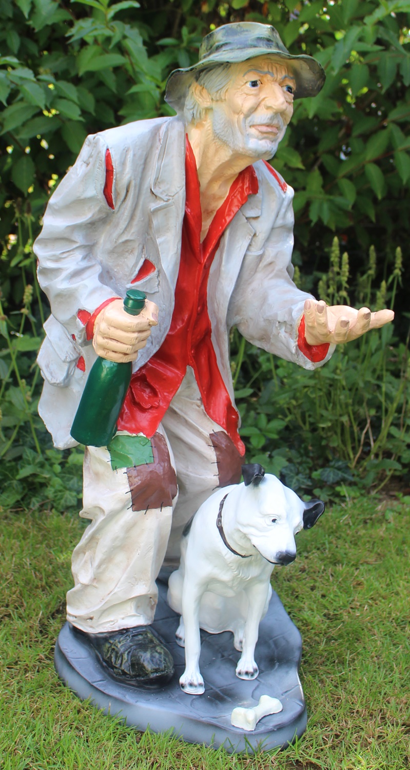 Dekofigur Bettler groß stehend mit Flasche in Hand und Hund am Fuß H 91 cm Gartenfigur aus Kunstharz