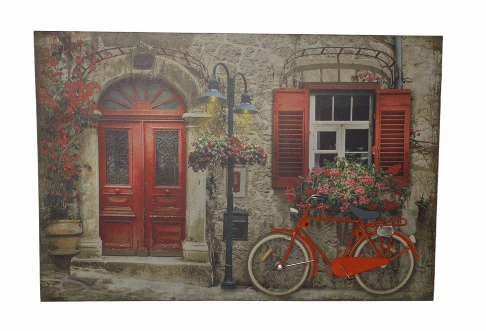 Nostalgie LED-Wandbild Gasse mit Fahrrad Vintage Stil rote Tür und Fenster 40x60 cm Leinwandbild