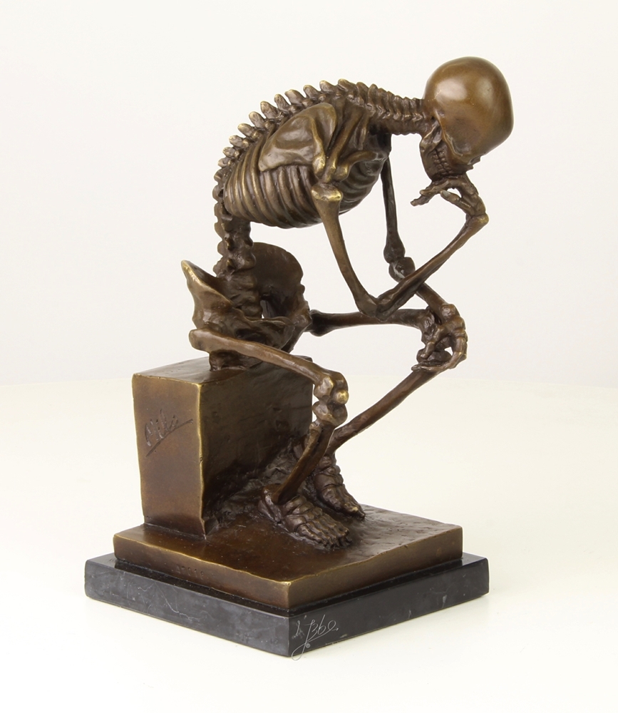 Bronzefigur Bronzeskulptur Der Denker Skelett aus Bronze auf Sockel H 24,5 cm Deko Figur