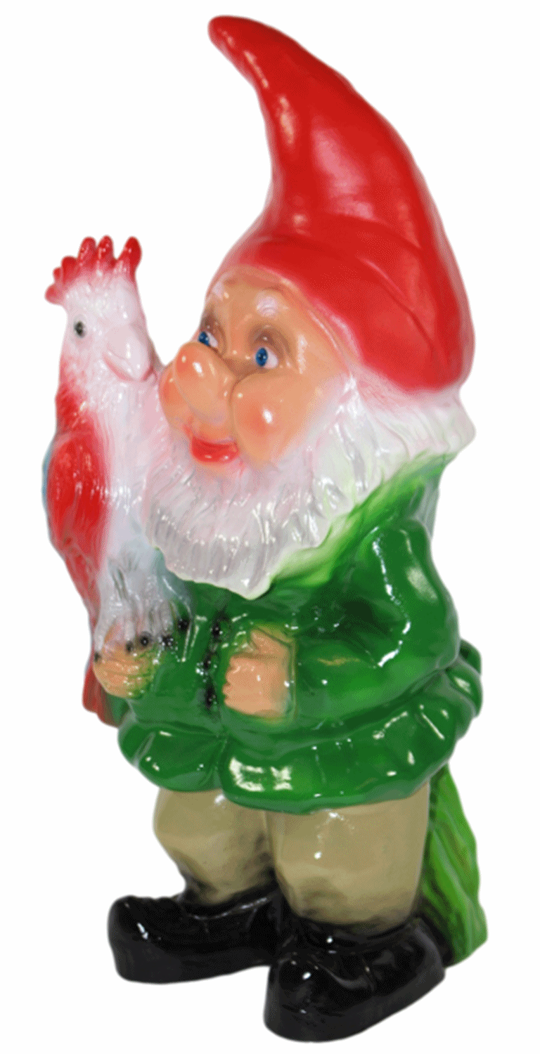 Gartenzwerg Deko Garten Figur Zwerg sitzend mit Papagei auf der Hand aus Kunststoff H 37 cm