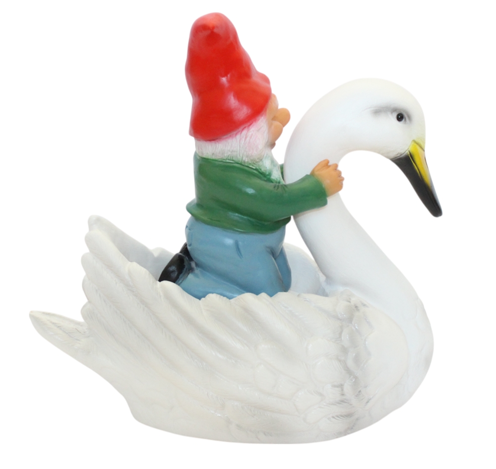 Gartenzwerg auf Schwan H 35 cm witzige Teichfigur aus Kunststoff, Dekofigur für Garten & Teich