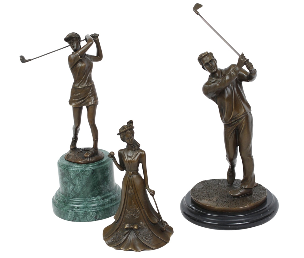 3er Set Bronzefiguren 2 Golfer Bronzeskulpturen und Golferin Tischglocke 17–32,5 cm Golfdekoration