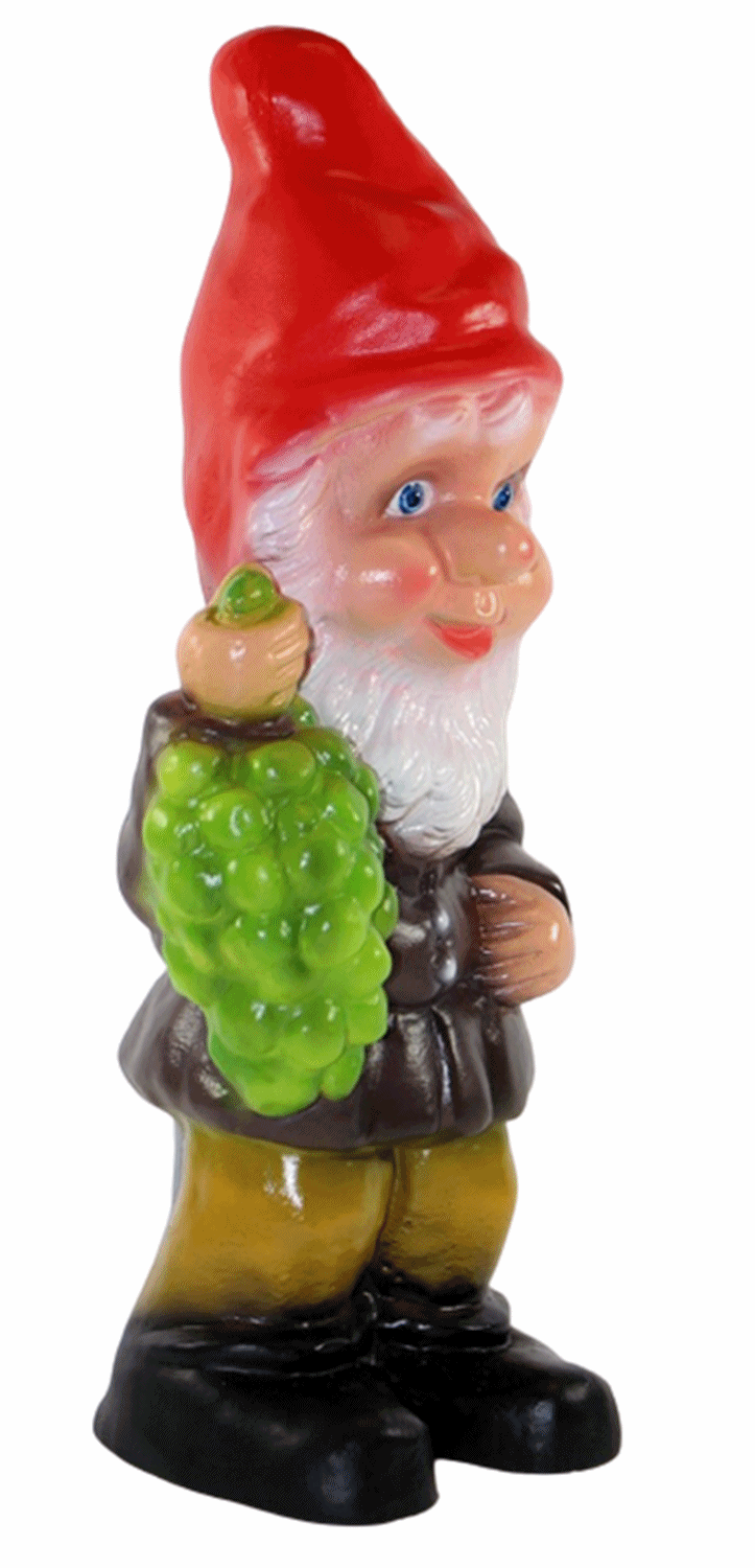 Deko Figur Zwerg H 34 cm Gartenzwerg mit Weintrauben stehend Gartenfigur aus Kunststoff