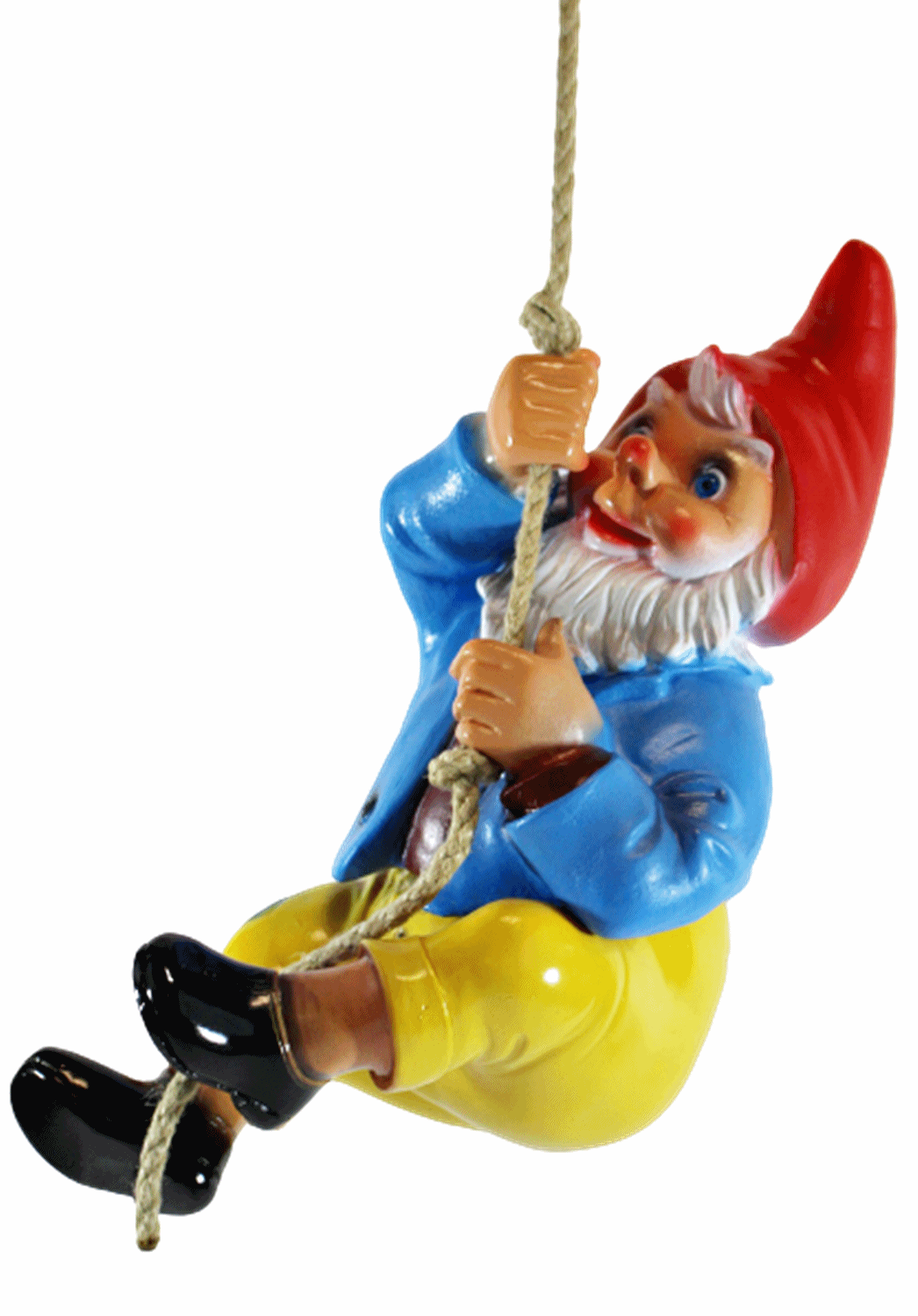 Gartenzwerg Deko Gartenfigur Zwerg am Seil hängend kletternd H 38 cm ohne Seil aus Kunststoff