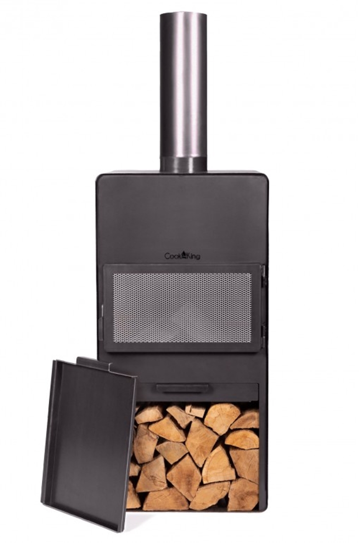 Gartenkamin "Vento" Gartenofen H 150 cm zum Grillen Heizen Terrassenofen mit Kaminregal Naturstahl