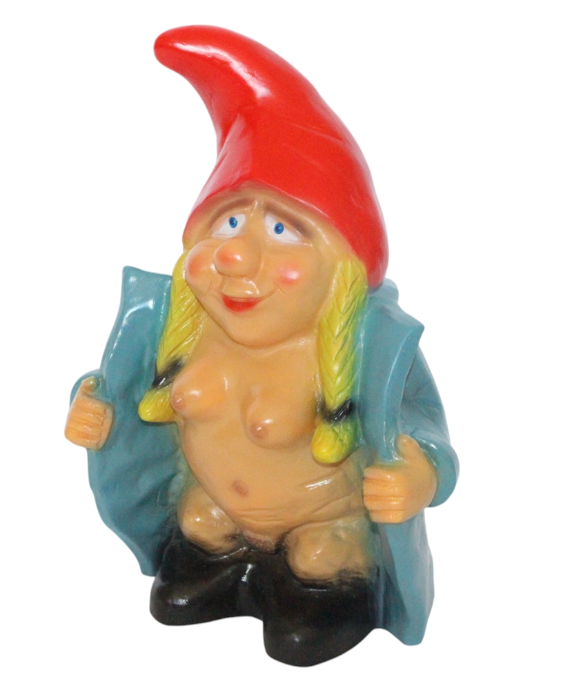 Gartenzwerg nackte Zwergenfrau 30 cm im blauen Mantel lustige Zwergin aus Kunststoff