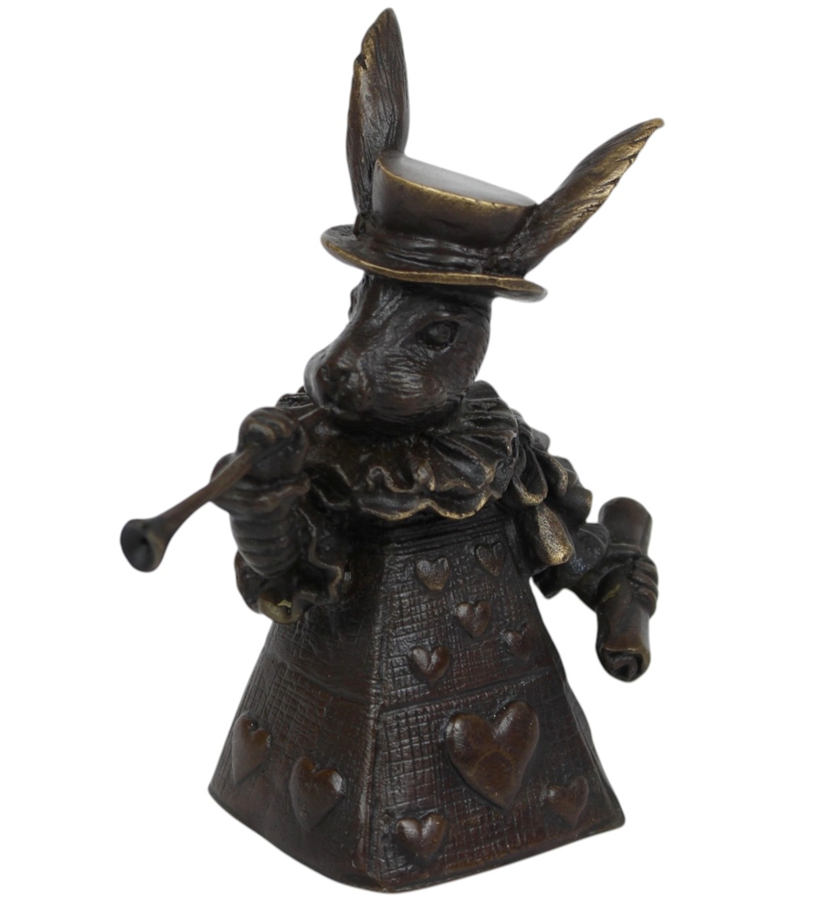 Elegante Tischglocke Hase im Jugendstil aus Bronze H 11,3 cm Herzkönigin Bronzefigur Herzornamenten
