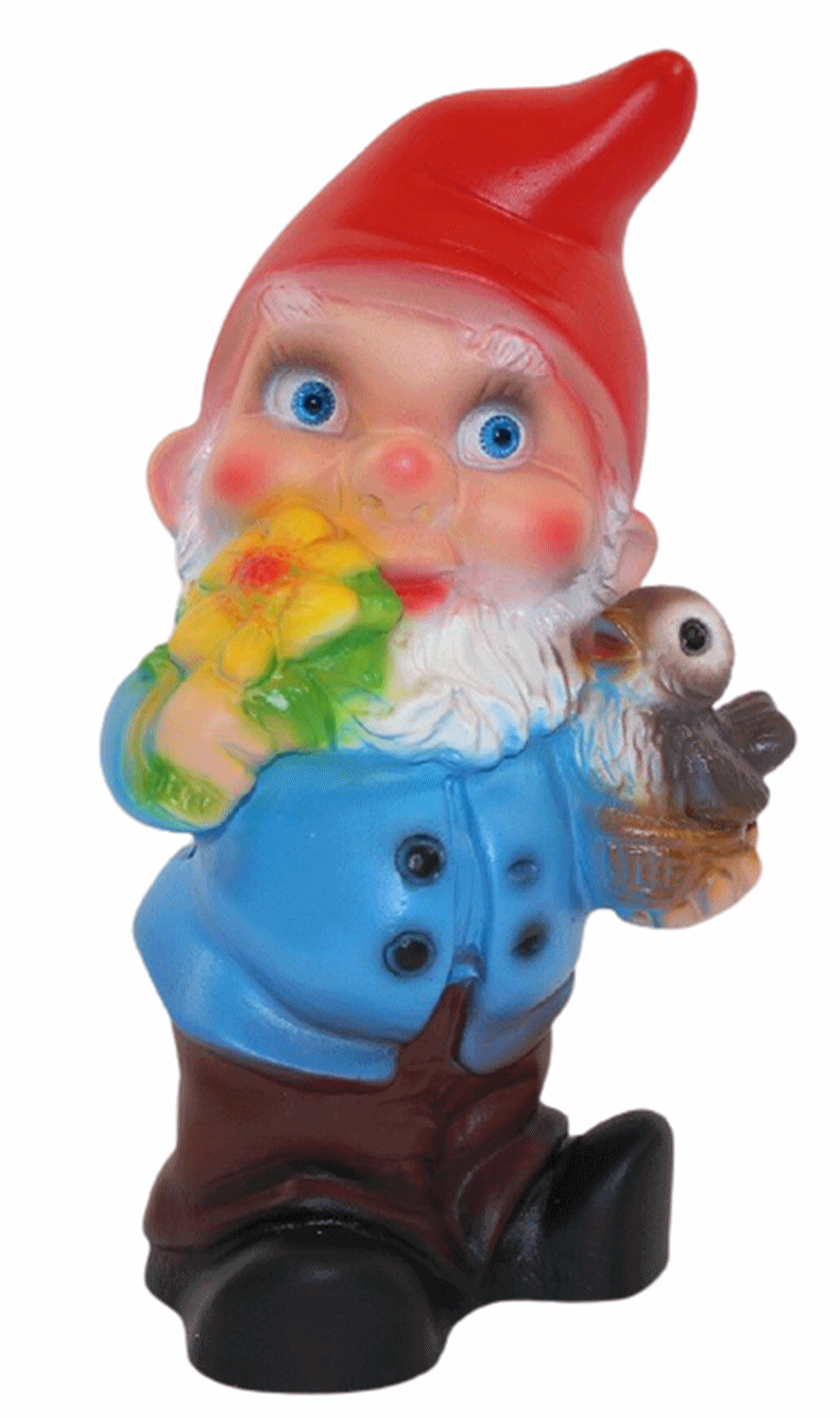 Deko Figur Zwerg H 19 cm Gartenzwerg mit Vogel stehend Gartenfigur aus Kunststoff