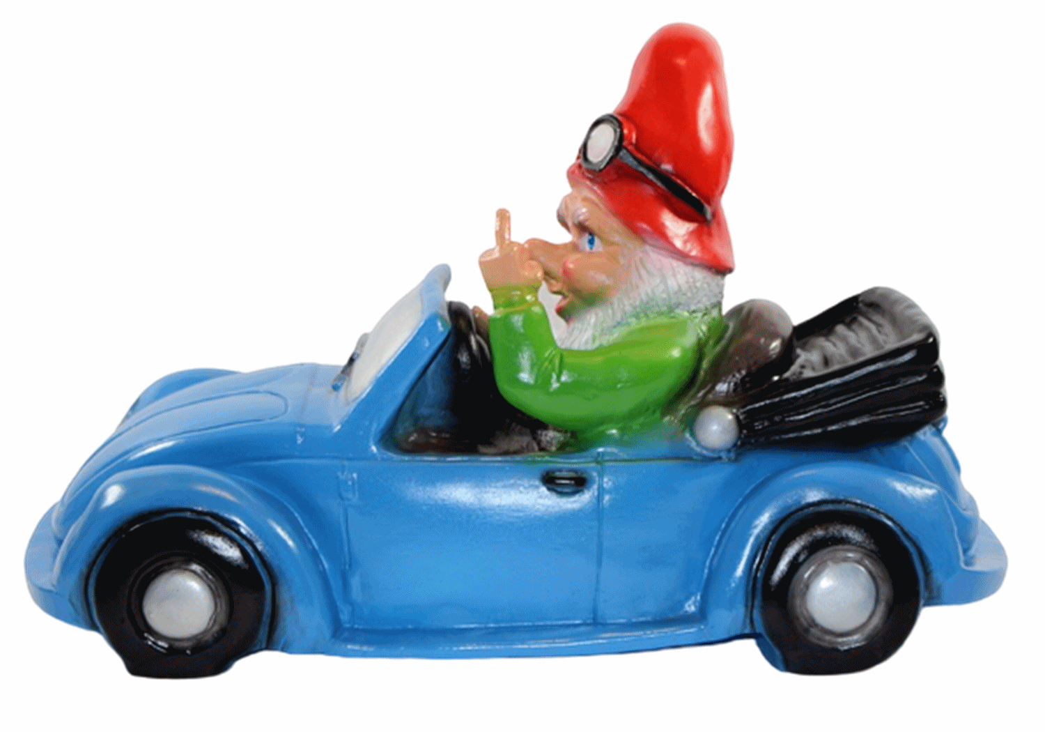 Deko Figur Zwerg H 23 cm Gartenzwerg im Auto mit Stinkefinger Gartenfigur aus Kunststoff