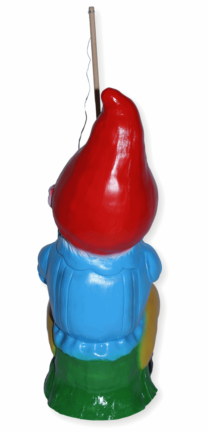 Gartenzwerg Deko Garten Figur Zwerg Angler sitzend mit Angelrute und Fisch aus Kunststoff H 38 cm