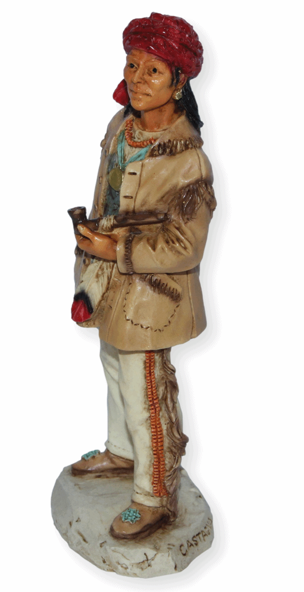 Indianerfigur Indianer Erfinder Cherokee-Schrift Sequoyah Skulptur H 16 cm  mit Hammer Castagna