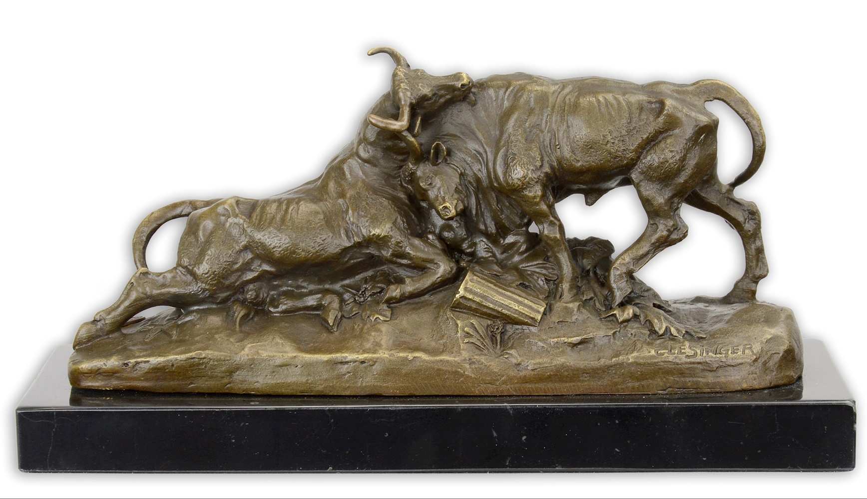 Bronzefigur Bronzeskulptur 2 kämpfende Bullen um Revier auf Sockel H 12 cm Bronze Figur