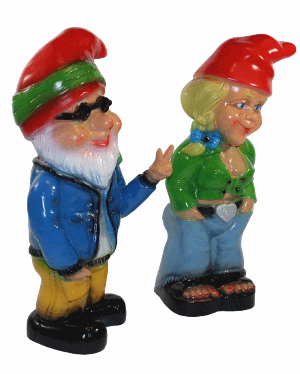 Gartenzwerg Deko Garten Figur Zwerg Zwergenpaar Zwergenfrau und Hippie aus Kunststoff H 32-33 cm