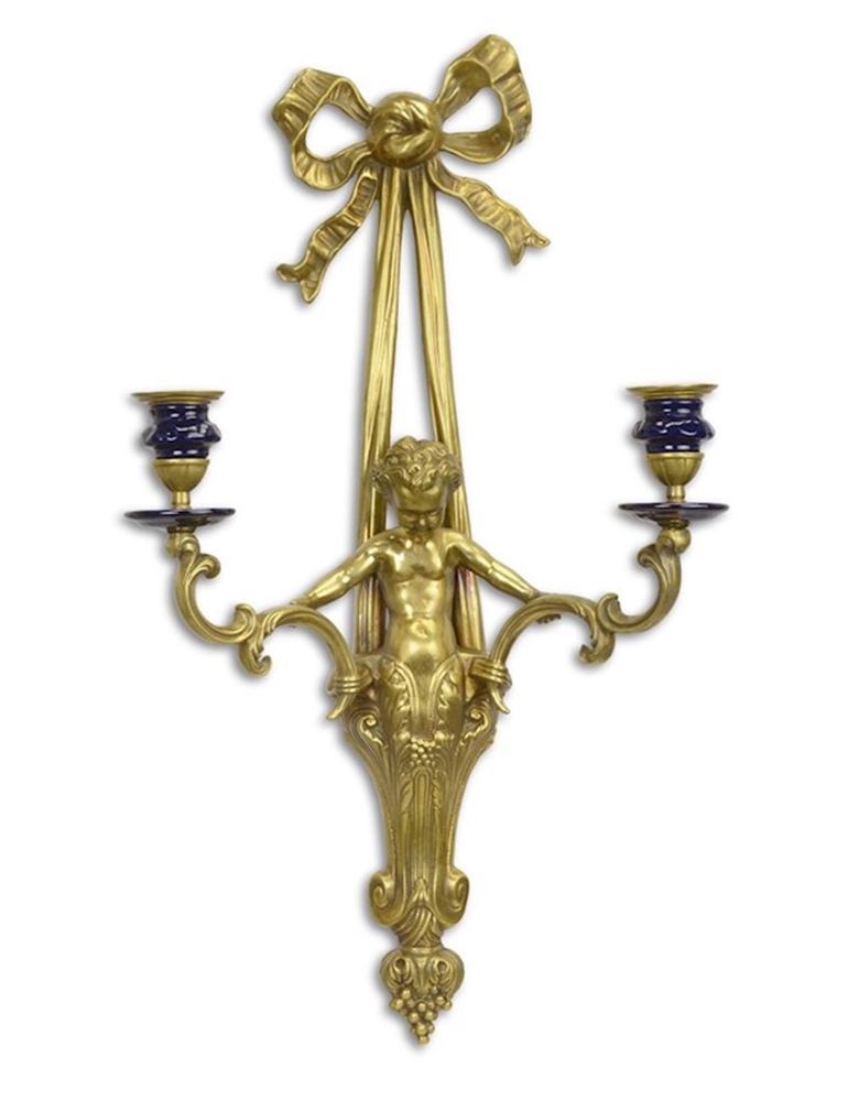 Bronzefigur Bronzeskulptur Bronze Wandkerzenhalter im Barock Stil H 54,5 cm Deko Putte Kerzenhalter