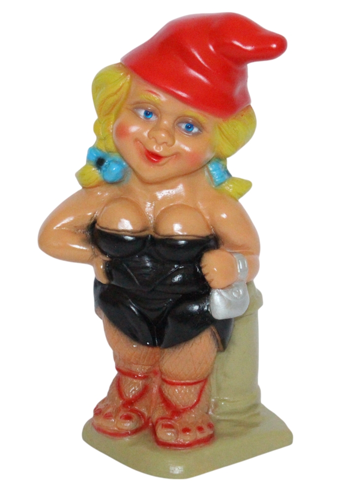 Gartenzwerg Freche Zwergin mit Kurven Höhe 29 cm aus Kunststoff Lustige Zwergenlady im Mini-Outfit