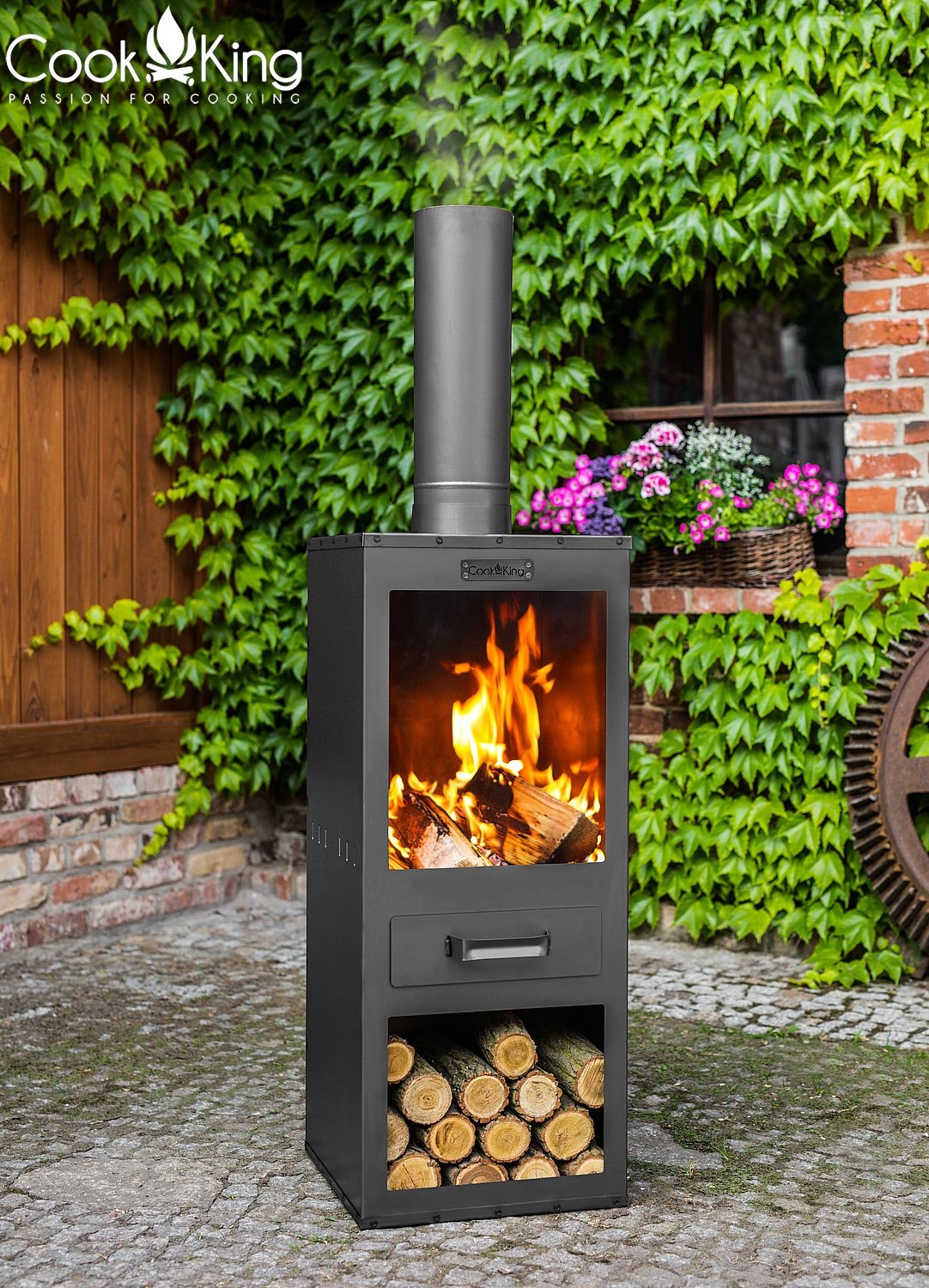 Gartenkamin "Rosa" Gartenofen H 150 cm zum Heizen und Grillen Terrassenofen aus Naturstahl Kamin