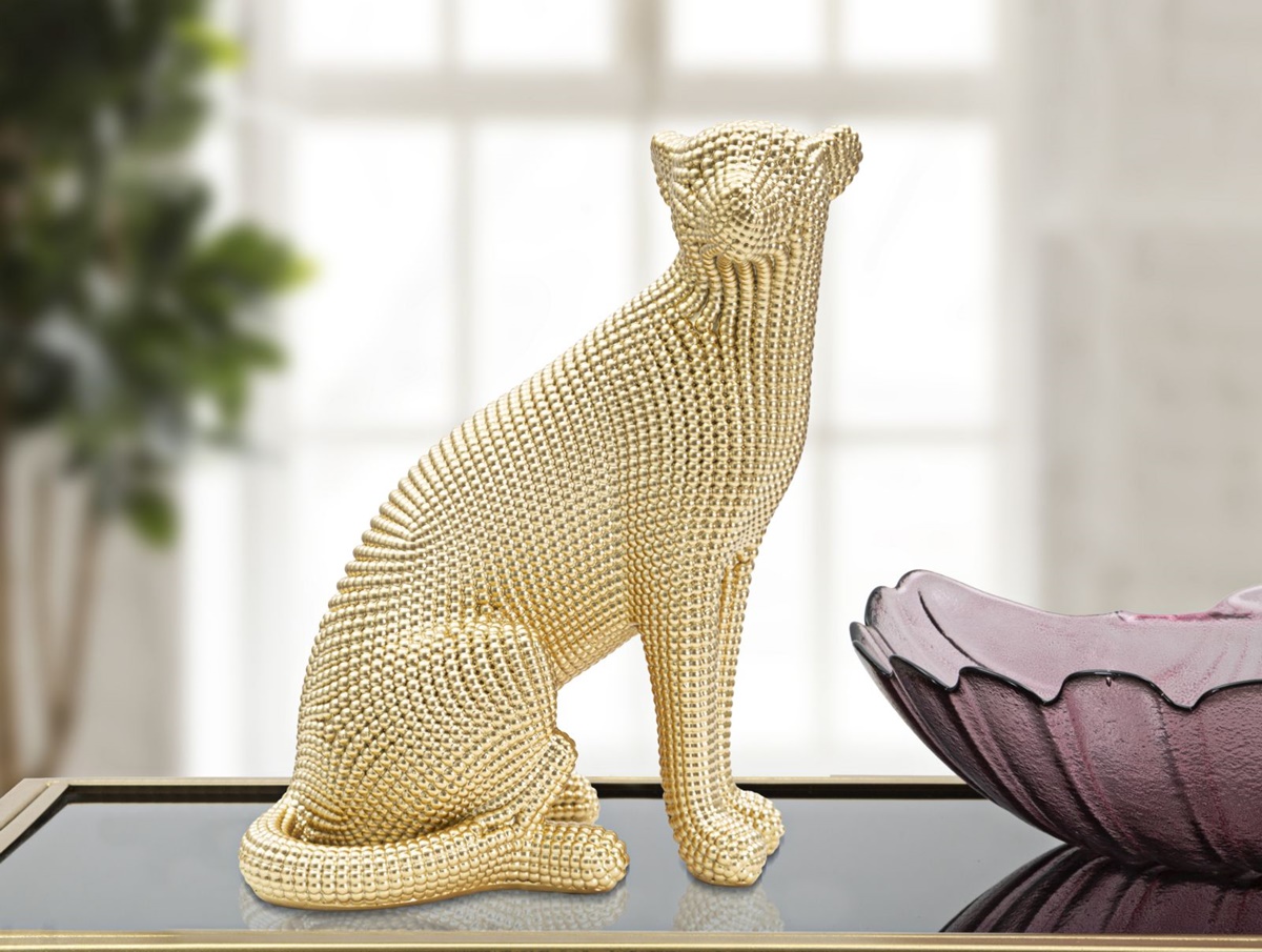 Dekofigur Leopard sitzend Tierfigur in edler goldener Optik Fell abstrakt strukturiert H 29 cm