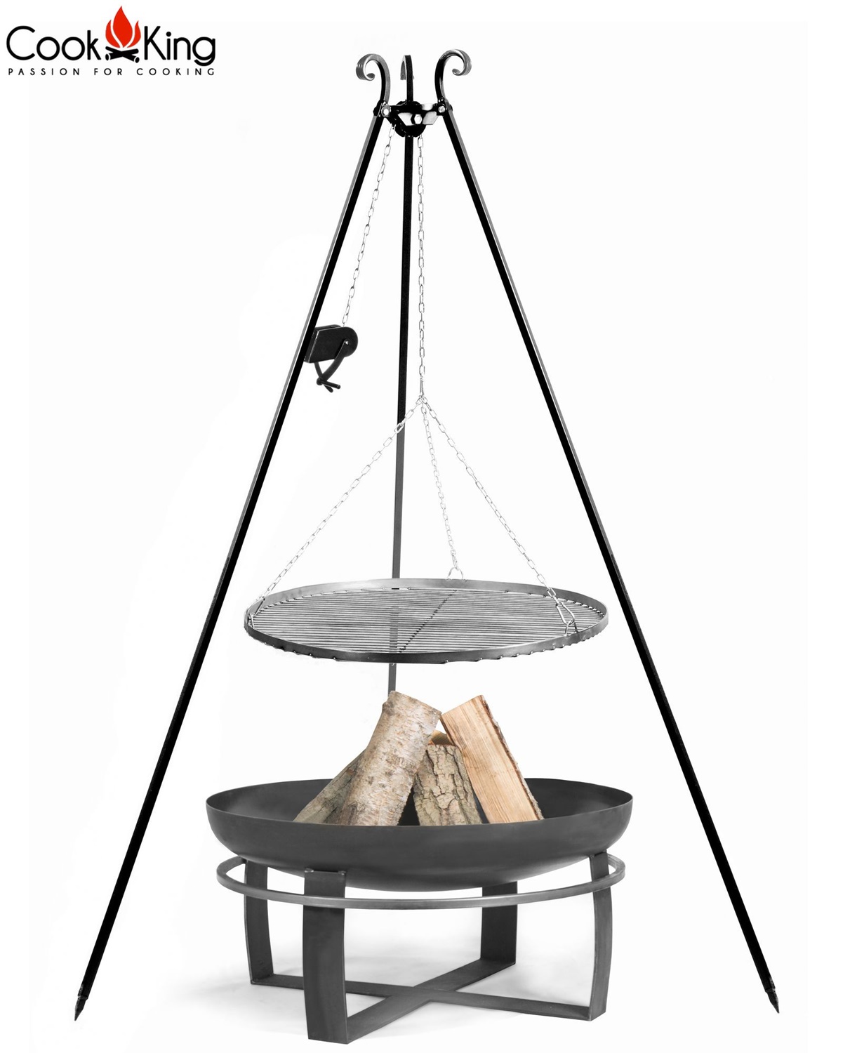 Set: Dreibein H 180 cm mit  Grillrost Ø 60 cm Rohstahl und Kurbel + Feuerschale "Viking" Ø 70 cm