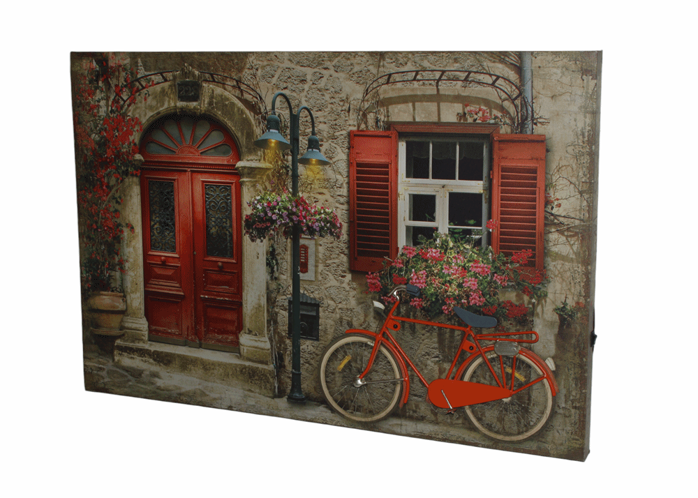 Nostalgie LED-Wandbild Gasse mit Fahrrad Vintage Stil rote Tür und Fenster 40x60 cm Leinwandbild