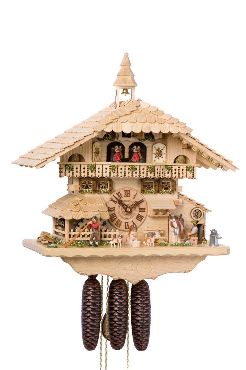 Traditionelle 8-Tage-Kuckucksuhr Häuschen aus hochwertigem Holz, Höhe 54 cm, mechanisches Uhrwerk