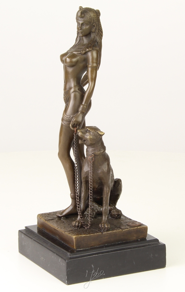 Bronzefigur Bronzeskulptur Bronze Figur Cleopatra Königin von Ägypten mit Panther H 25,5 cm